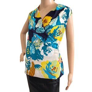 Cabi Floral Faux Wrap Top Size Medium Sleeveless Bold Blue Yellow Modern Chic